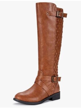 Knee-High Braided Strap Wide Calf Riding Boots - Cognac